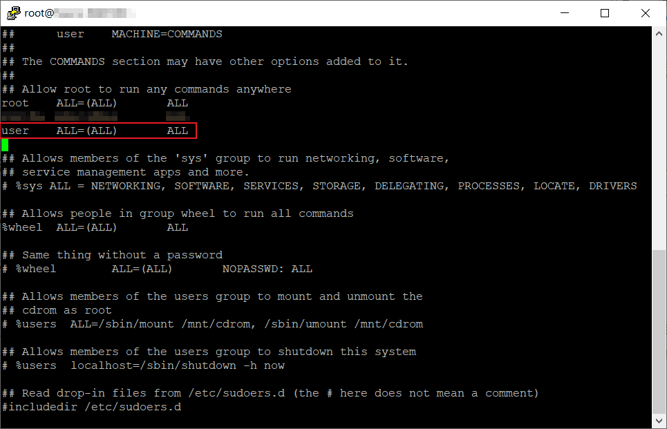加入user ALL=(ALL) ALL到/etc/sudoers裡
