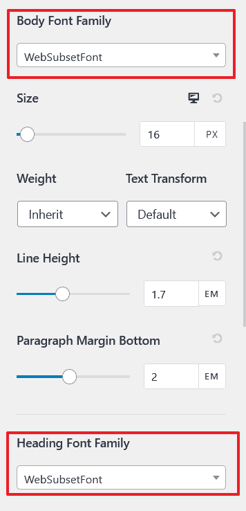「Body Font Family」和「Heading Font Family」選擇剛剛取名的名稱