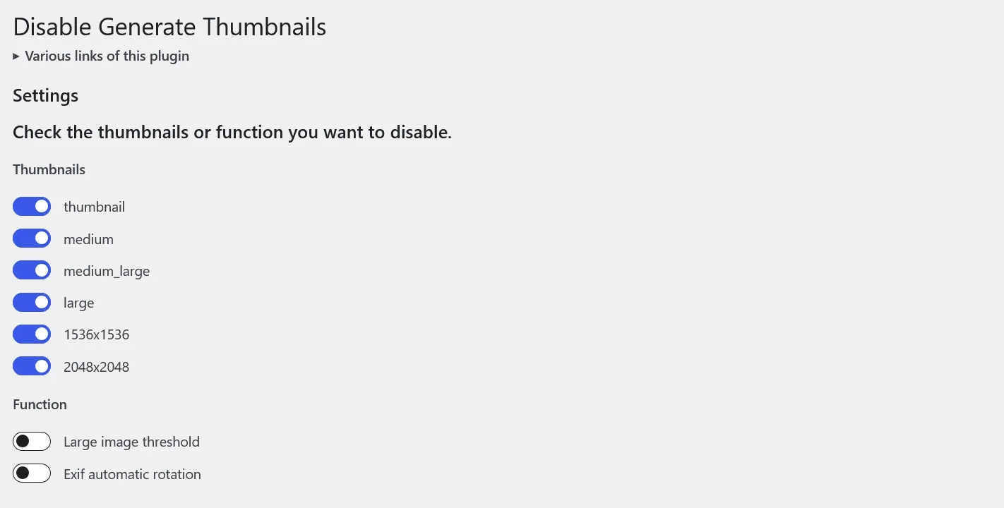 Disable Generate Thumbnails的設定,把WordPress會產生縮圖的選項一一關閉