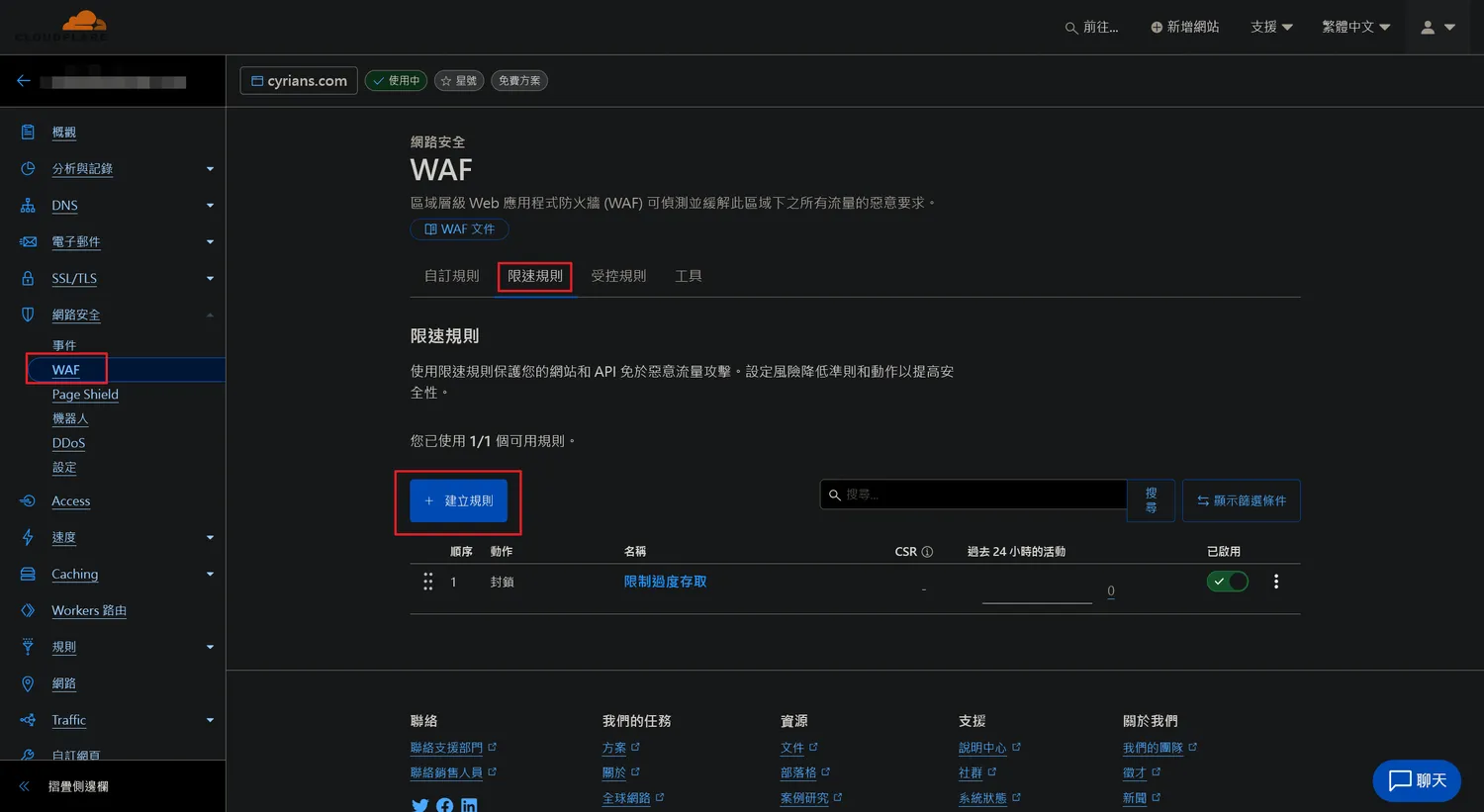 在WAF頁面選擇「限速規則」分頁後按下「+建立規則」按鈕