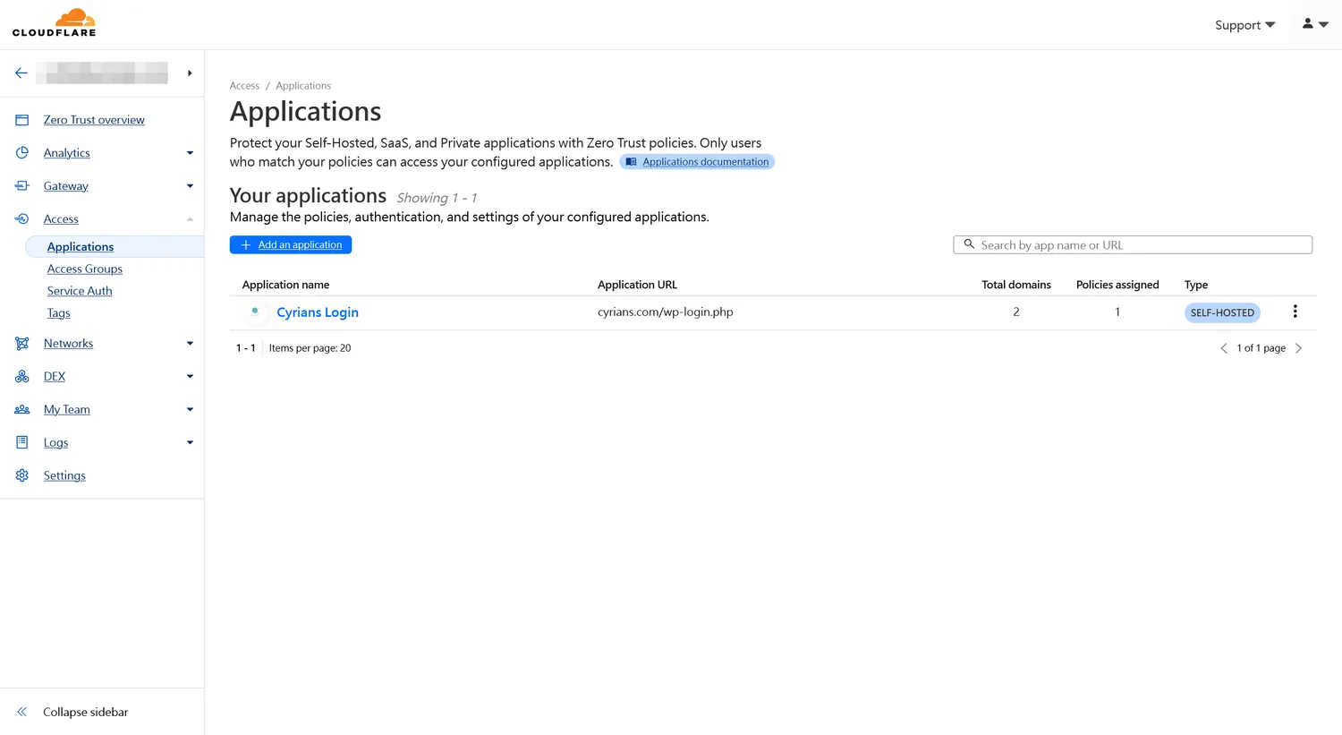 回到「Access」的「Applications」畫面,有剛剛增加的應用程序