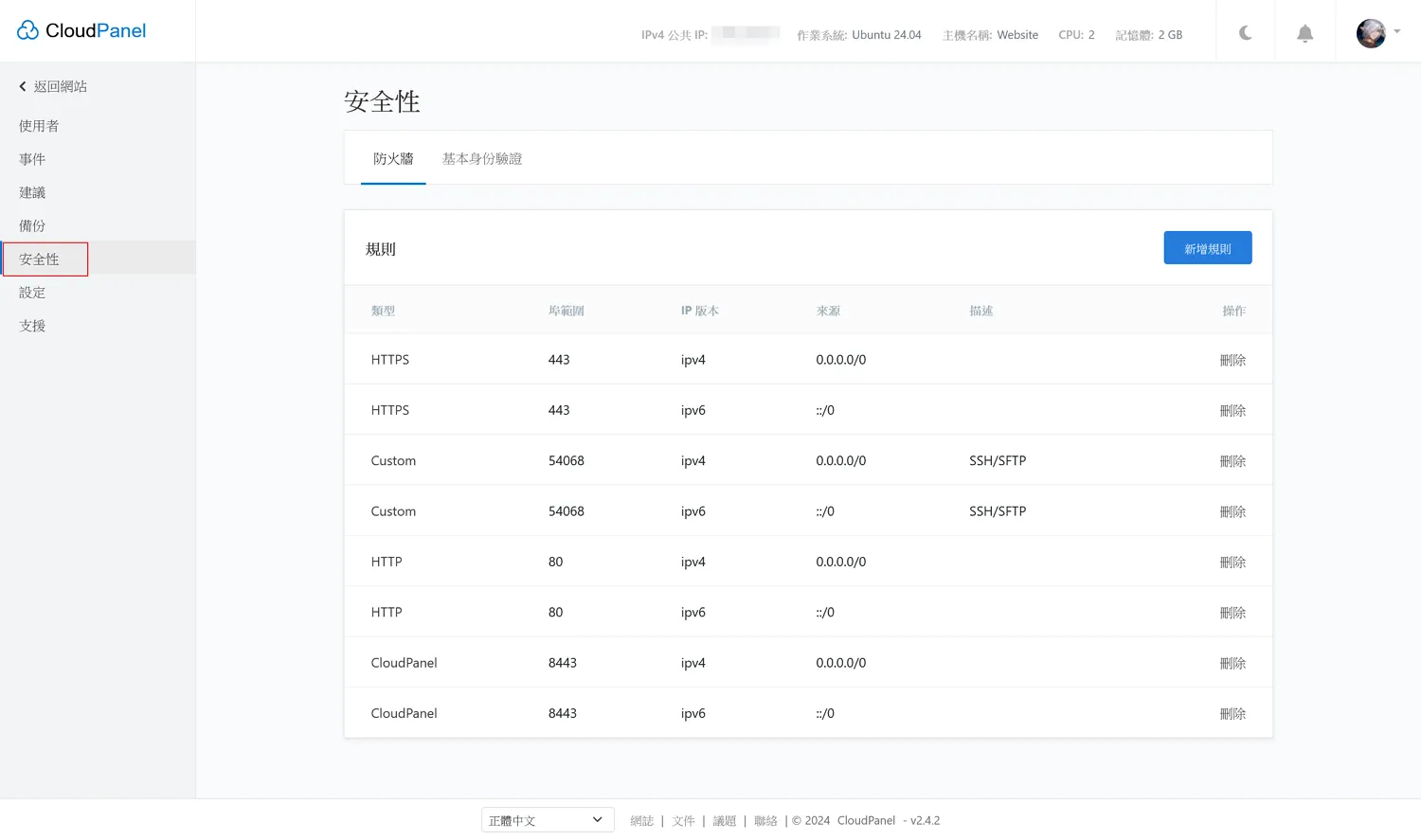 安全性的分頁,這裡算是簡易防火牆的規則(允許開放哪些端口(Port))