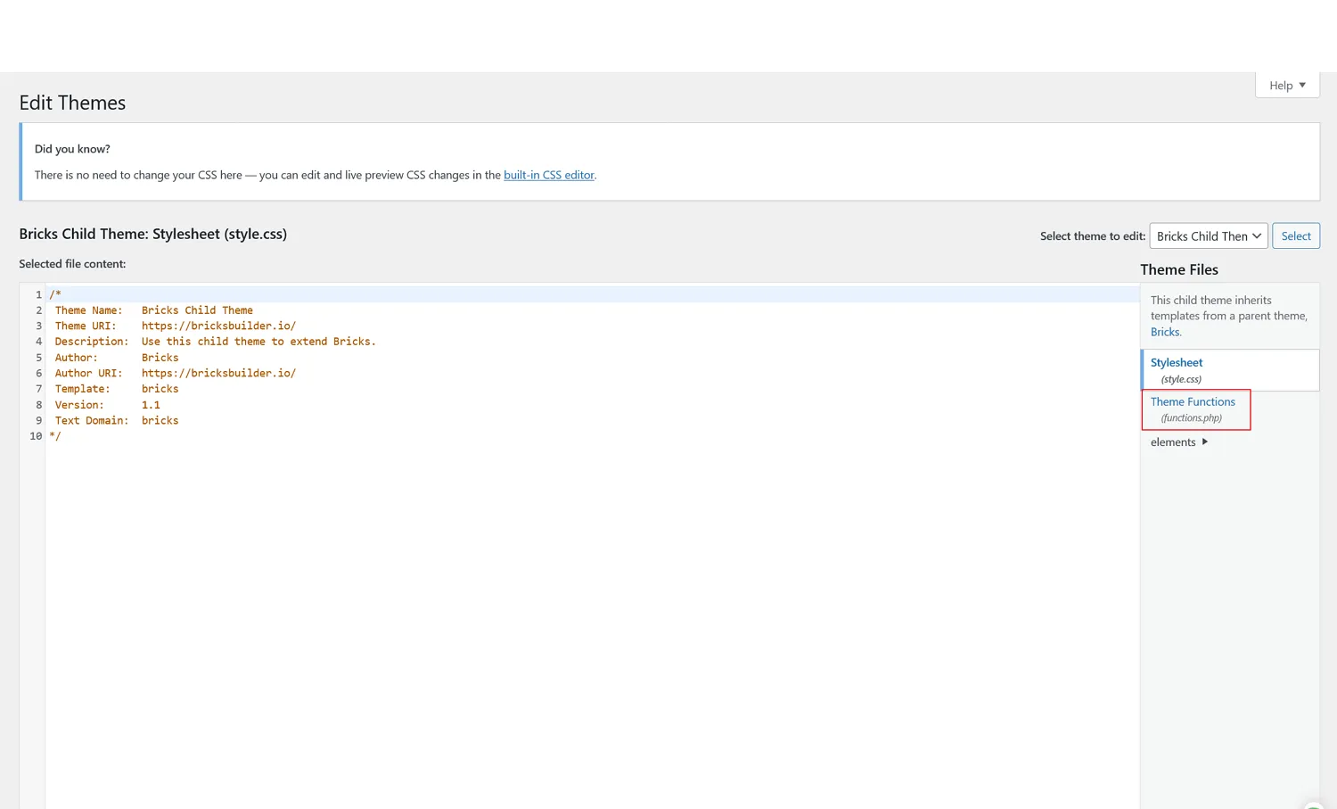 點選右邊的「Theme Functions(function.php)」